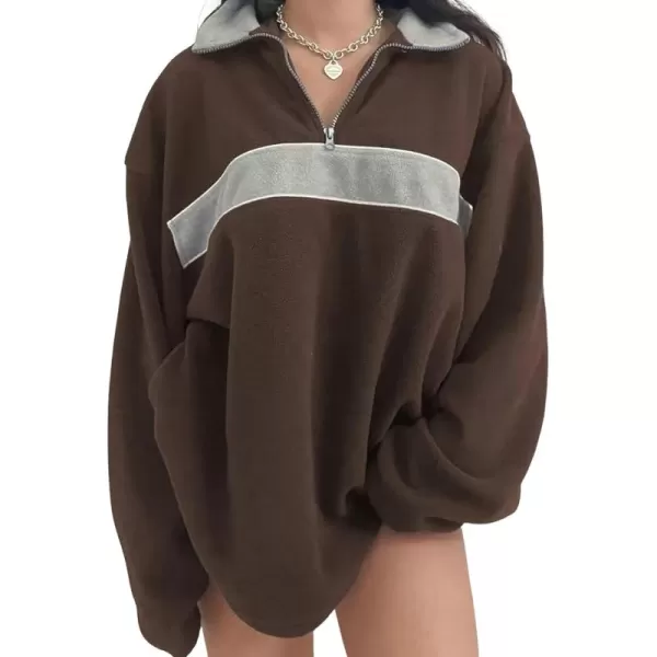 imagechouyatou Womens Fall Half Zip Oversized Sweatshirt Fleece Contrast Color Casual Boyfriend Y2K HoodieBrown
