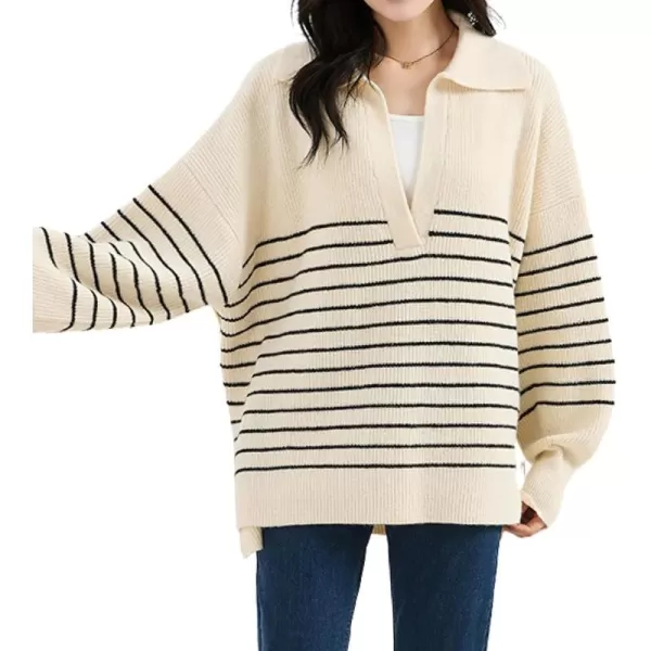imagechouyatou Womens Fall V Neck Lapel Collar Striped Knit Loose Casual Pullover Sweater Jumper TopBeige