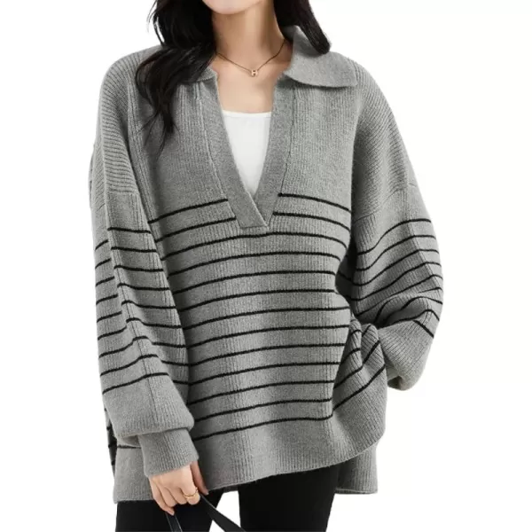 imagechouyatou Womens Fall V Neck Lapel Collar Striped Knit Loose Casual Pullover Sweater Jumper TopGrey