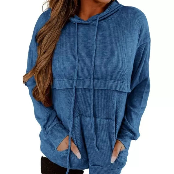 imagechouyatou Womens Fall Waffle Knitted Hoodie Drawstring Hooded Long Sleeve Pullover Sweatshirt TopsBlue