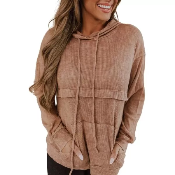 imagechouyatou Womens Fall Waffle Knitted Hoodie Drawstring Hooded Long Sleeve Pullover Sweatshirt TopsCamel
