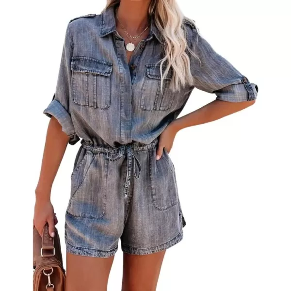 imagechouyatou Womens Summer RollUp Sleeve Drawstring Waist Utility Denim Romper Shorts JumpsuitDark Grey