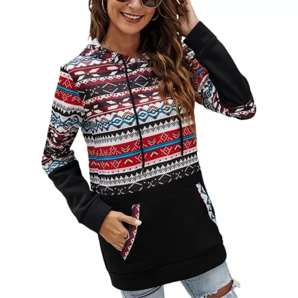 imagechouyatou Womens Vintage Color Block Hooded Tribal Aztec Printed Fleece Hoodie SweatshirtRed