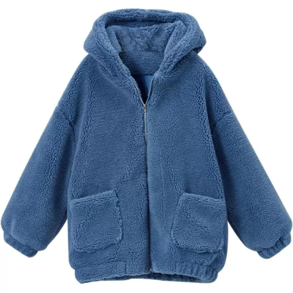 imagechouyatou Womens Winter Hooded Full Zip Fuzzy Faux Shearling Baggy Oversized Teddy Coat with PocketBlue