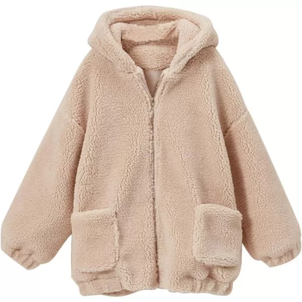 imagechouyatou Womens Winter Hooded Full Zip Fuzzy Faux Shearling Baggy Oversized Teddy Coat with PocketKhaki
