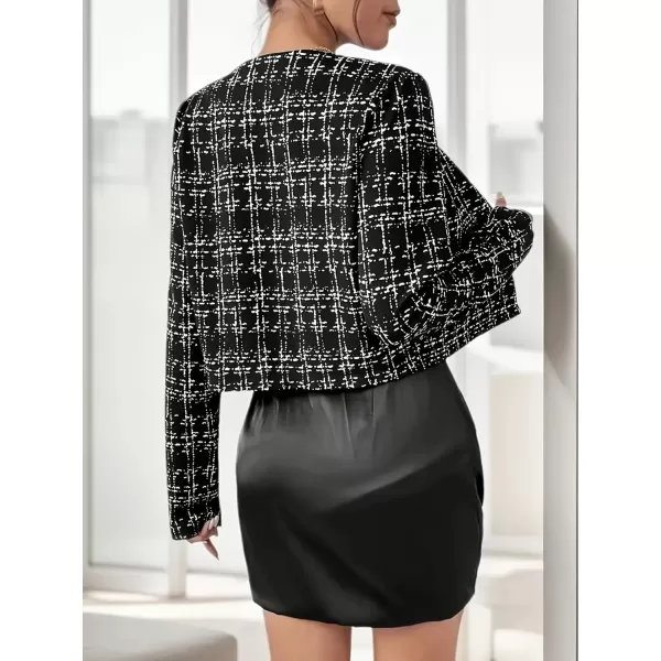 imagechouyatou Womens Business Casual Plaid Tweed Blazer Jacket Collarless Open Front Short Cropped Suit CoatBlack
