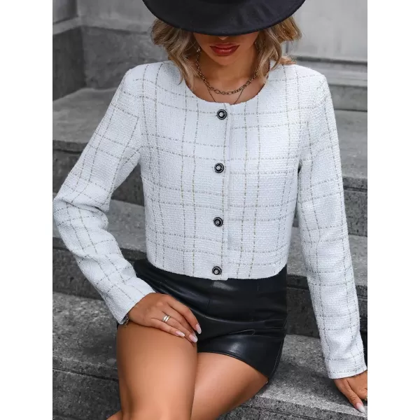 imagechouyatou Womens Business Casual Plaid Tweed Blazer Jacket Collarless Open Front Short Cropped Suit CoatWhite