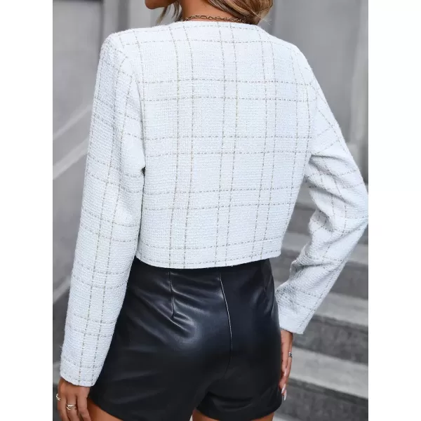 imagechouyatou Womens Business Casual Plaid Tweed Blazer Jacket Collarless Open Front Short Cropped Suit CoatWhite