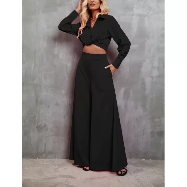 imagechouyatou Womens 2 Piece Outfits Twist Knot Long Sleeve Crop Top and High Waisted Flare Wide Leg Pants SetBlack