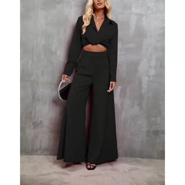 imagechouyatou Womens 2 Piece Outfits Twist Knot Long Sleeve Crop Top and High Waisted Flare Wide Leg Pants SetBlack