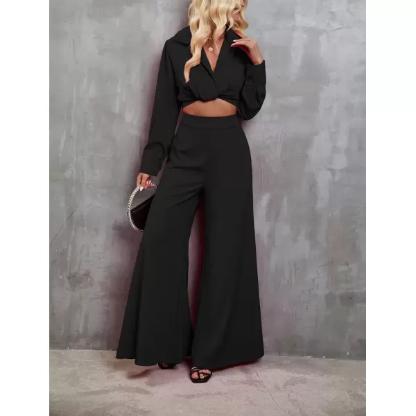 imagechouyatou Womens 2 Piece Outfits Twist Knot Long Sleeve Crop Top and High Waisted Flare Wide Leg Pants SetBlack