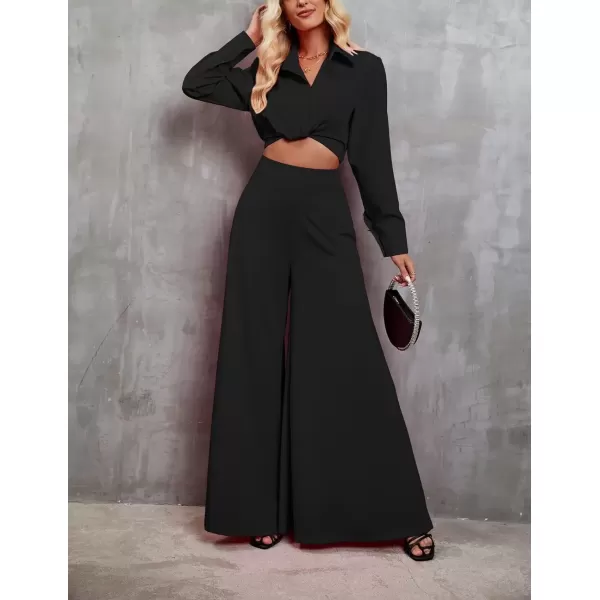imagechouyatou Womens 2 Piece Outfits Twist Knot Long Sleeve Crop Top and High Waisted Flare Wide Leg Pants SetBlack