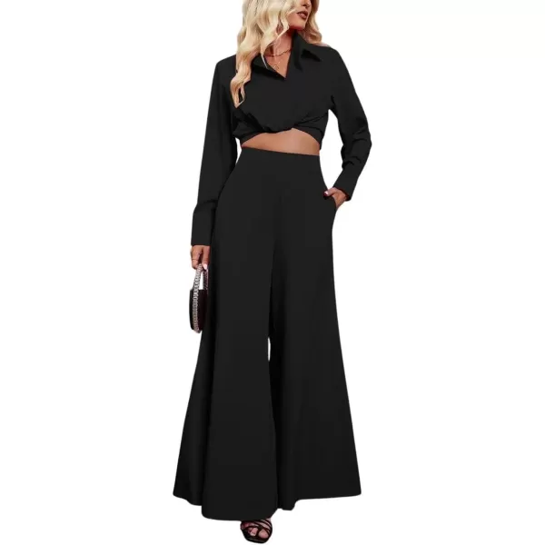 imagechouyatou Womens 2 Piece Outfits Twist Knot Long Sleeve Crop Top and High Waisted Flare Wide Leg Pants SetBlack