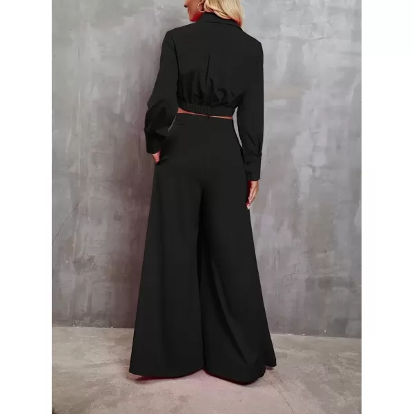 imagechouyatou Womens 2 Piece Outfits Twist Knot Long Sleeve Crop Top and High Waisted Flare Wide Leg Pants SetBlack