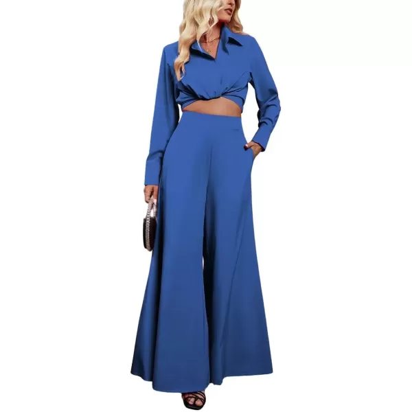 imagechouyatou Womens 2 Piece Outfits Twist Knot Long Sleeve Crop Top and High Waisted Flare Wide Leg Pants SetBlue