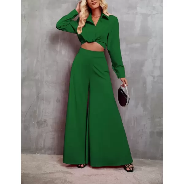 imagechouyatou Womens 2 Piece Outfits Twist Knot Long Sleeve Crop Top and High Waisted Flare Wide Leg Pants SetGreen