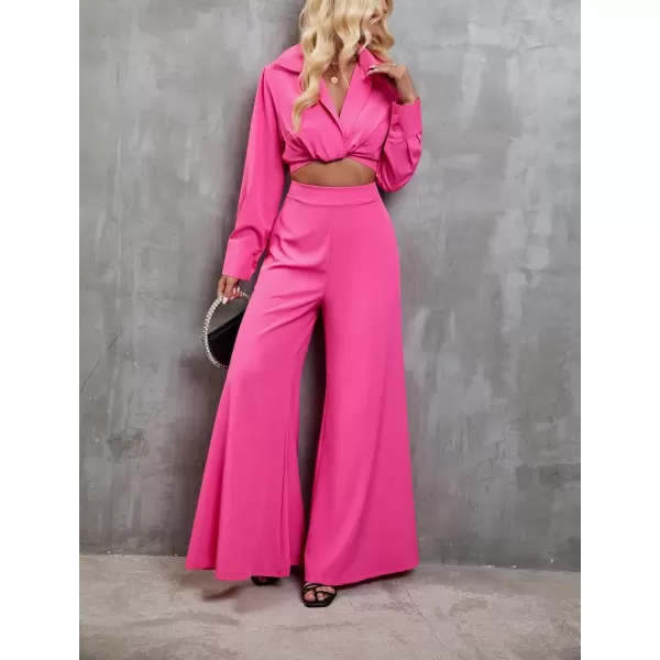 imagechouyatou Womens 2 Piece Outfits Twist Knot Long Sleeve Crop Top and High Waisted Flare Wide Leg Pants SetRose Red