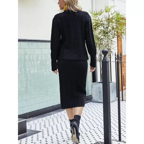 imagechouyatou Womens Cable Knit V Neck Sweater Midi Pencil Skirt Set 2 Piece OutfitsBlack