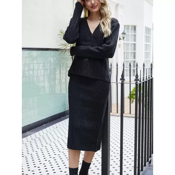 imagechouyatou Womens Cable Knit V Neck Sweater Midi Pencil Skirt Set 2 Piece OutfitsBlack