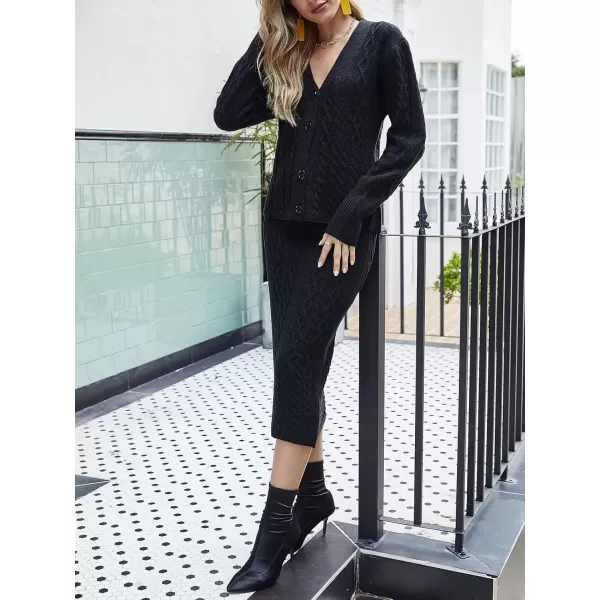 imagechouyatou Womens Cable Knit V Neck Sweater Midi Pencil Skirt Set 2 Piece OutfitsBlack