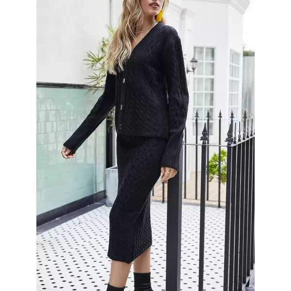 imagechouyatou Womens Cable Knit V Neck Sweater Midi Pencil Skirt Set 2 Piece OutfitsBlack