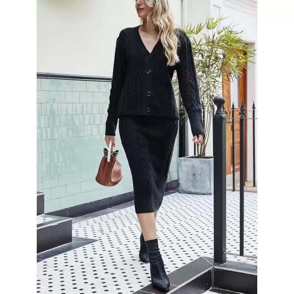 imagechouyatou Womens Cable Knit V Neck Sweater Midi Pencil Skirt Set 2 Piece OutfitsBlack