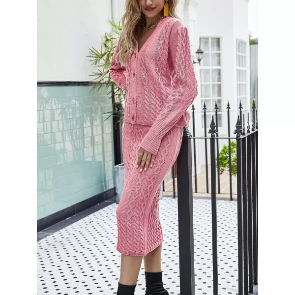 imagechouyatou Womens Cable Knit V Neck Sweater Midi Pencil Skirt Set 2 Piece OutfitsPink