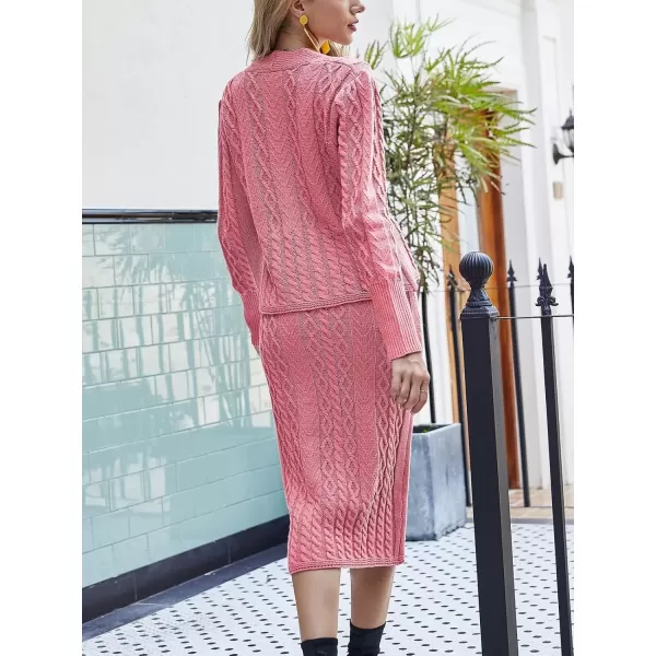 imagechouyatou Womens Cable Knit V Neck Sweater Midi Pencil Skirt Set 2 Piece OutfitsPink
