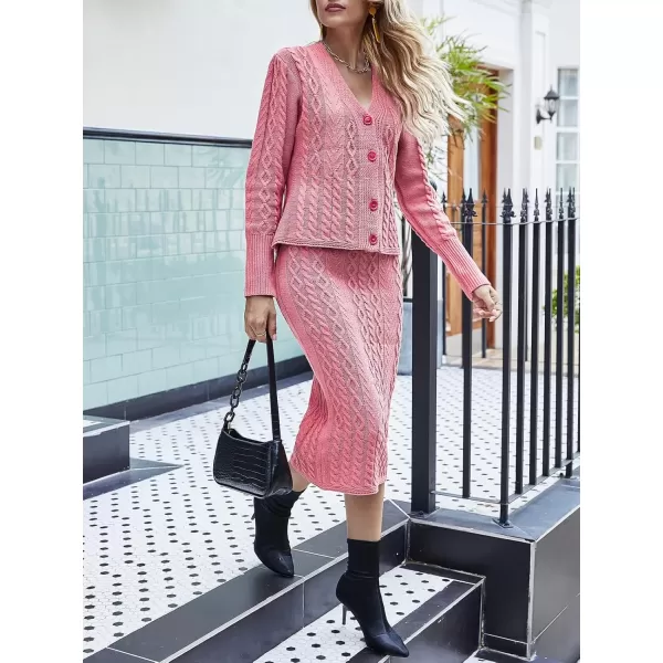 imagechouyatou Womens Cable Knit V Neck Sweater Midi Pencil Skirt Set 2 Piece OutfitsPink