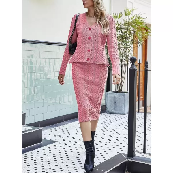 imagechouyatou Womens Cable Knit V Neck Sweater Midi Pencil Skirt Set 2 Piece OutfitsPink