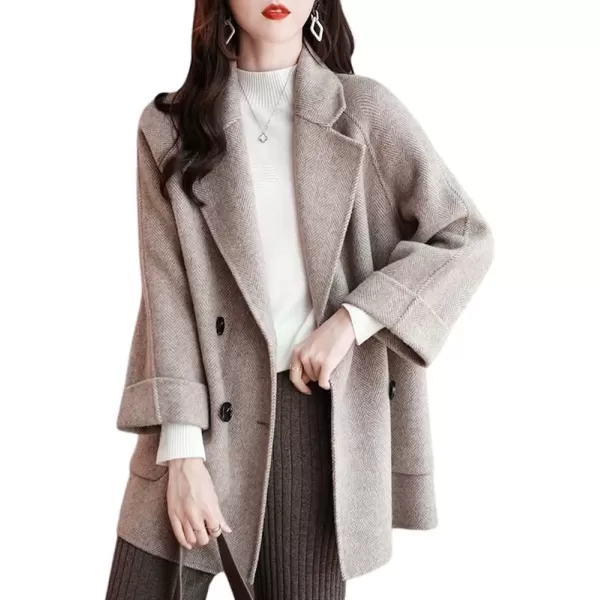 imagechouyatou Womens Casual Notch Lapel Double Breasted Warm Shacket Jacket Wool CoatApricot