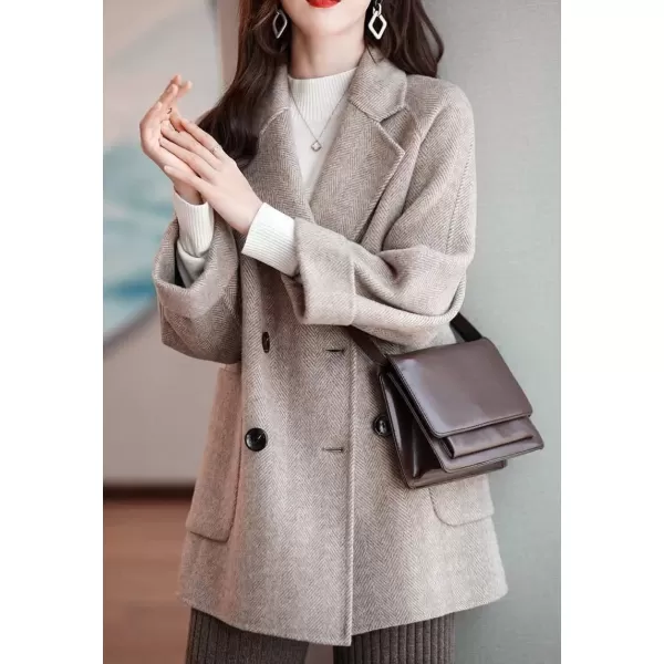 imagechouyatou Womens Casual Notch Lapel Double Breasted Warm Shacket Jacket Wool CoatApricot
