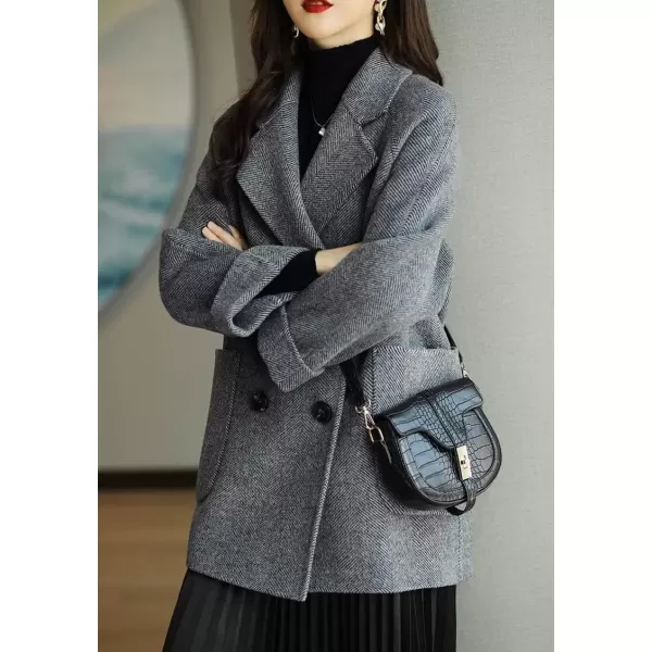 imagechouyatou Womens Casual Notch Lapel Double Breasted Warm Shacket Jacket Wool CoatDark Grey