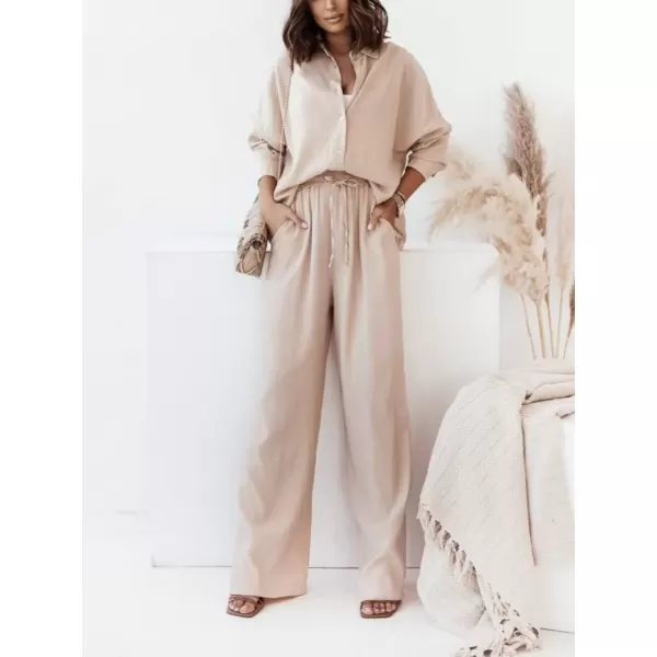 imagechouyatou Womens Long Sleeve Shirts Elastic Waist Palazzo Pants Set 2 Piece OutfitsBeige