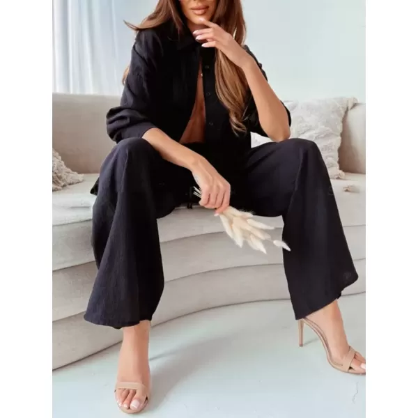 imagechouyatou Womens Long Sleeve Shirts Elastic Waist Palazzo Pants Set 2 Piece OutfitsBlack