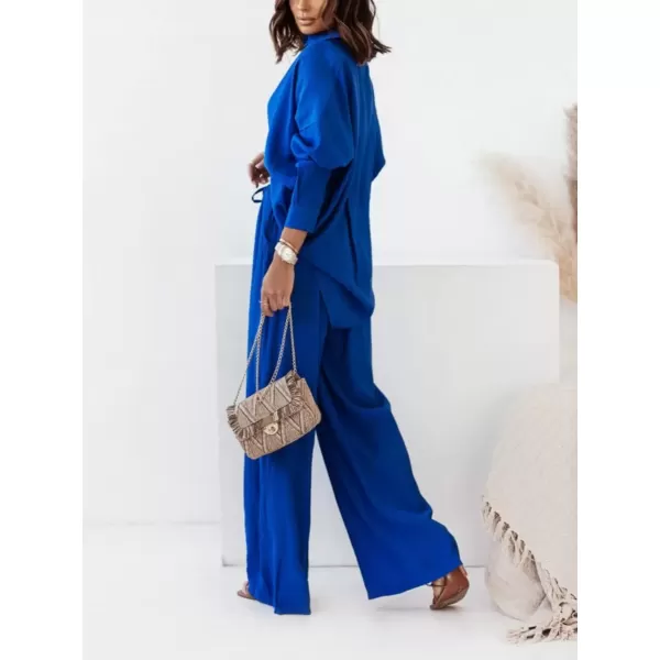 imagechouyatou Womens Long Sleeve Shirts Elastic Waist Palazzo Pants Set 2 Piece OutfitsBlue