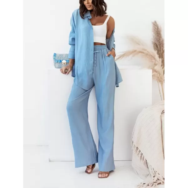 imagechouyatou Womens Long Sleeve Shirts Elastic Waist Palazzo Pants Set 2 Piece OutfitsSky Blue