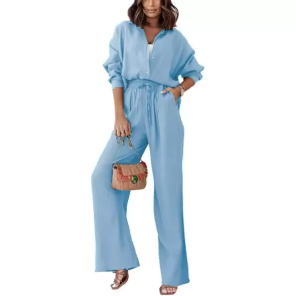 imagechouyatou Womens Long Sleeve Shirts Elastic Waist Palazzo Pants Set 2 Piece OutfitsSky Blue