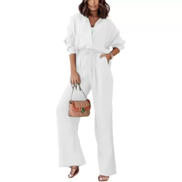imagechouyatou Womens Long Sleeve Shirts Elastic Waist Palazzo Pants Set 2 Piece OutfitsWhite
