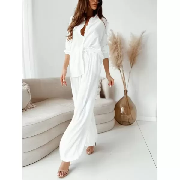 imagechouyatou Womens Long Sleeve Shirts Elastic Waist Palazzo Pants Set 2 Piece OutfitsWhite
