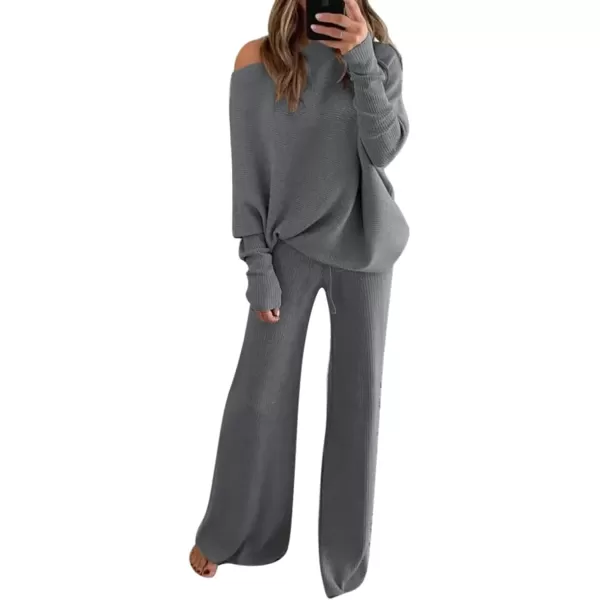 imagechouyatou Womens Sweater Wide Leg Pants Set Knitted 2 Piece Outfits LoungewearGrey