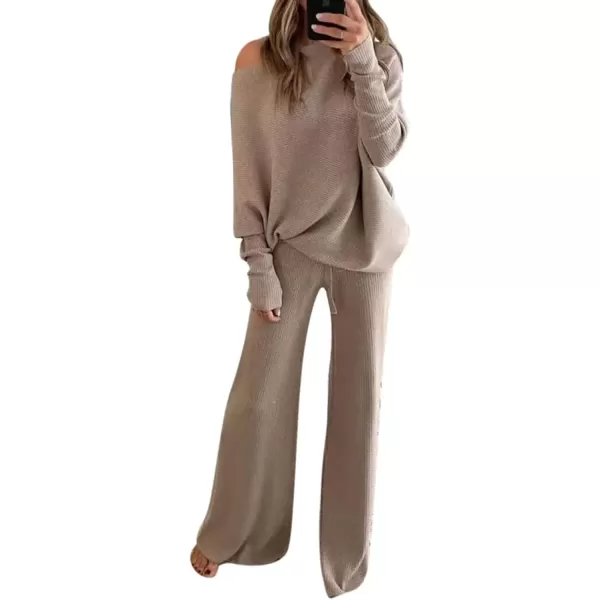 imagechouyatou Womens Sweater Wide Leg Pants Set Knitted 2 Piece Outfits LoungewearKhaki