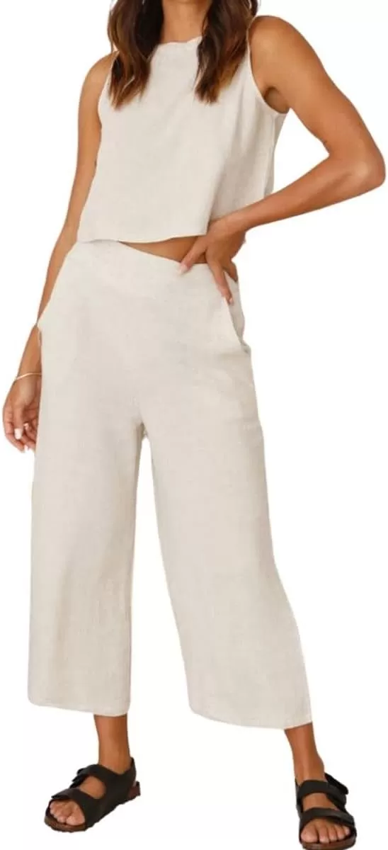 imagechouyatou Womens 2 Piece Outfits Cotton Linen Sleeveless Cropped Tank Top and Wide Leg Pant SetsApricot