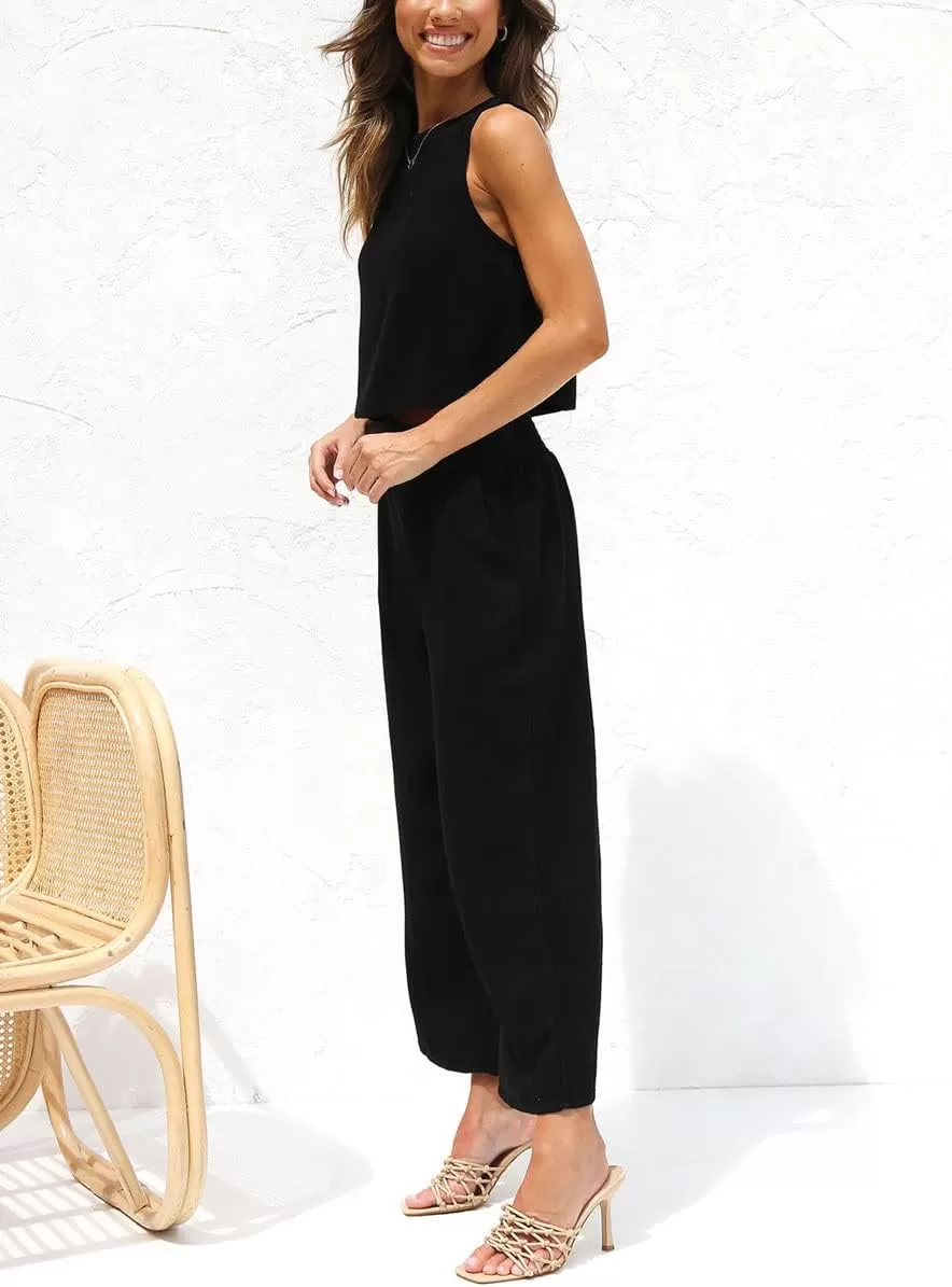 imagechouyatou Womens 2 Piece Outfits Cotton Linen Sleeveless Cropped Tank Top and Wide Leg Pant SetsBlack