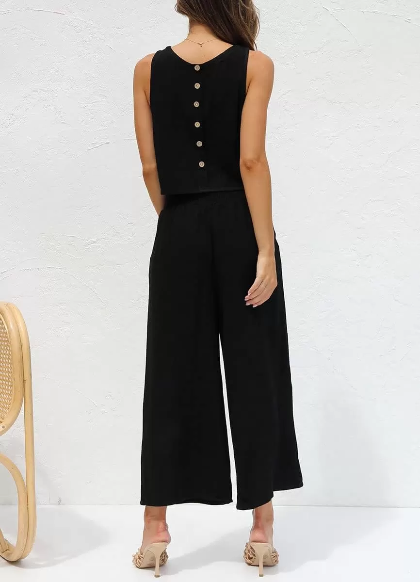 imagechouyatou Womens 2 Piece Outfits Cotton Linen Sleeveless Cropped Tank Top and Wide Leg Pant SetsBlack