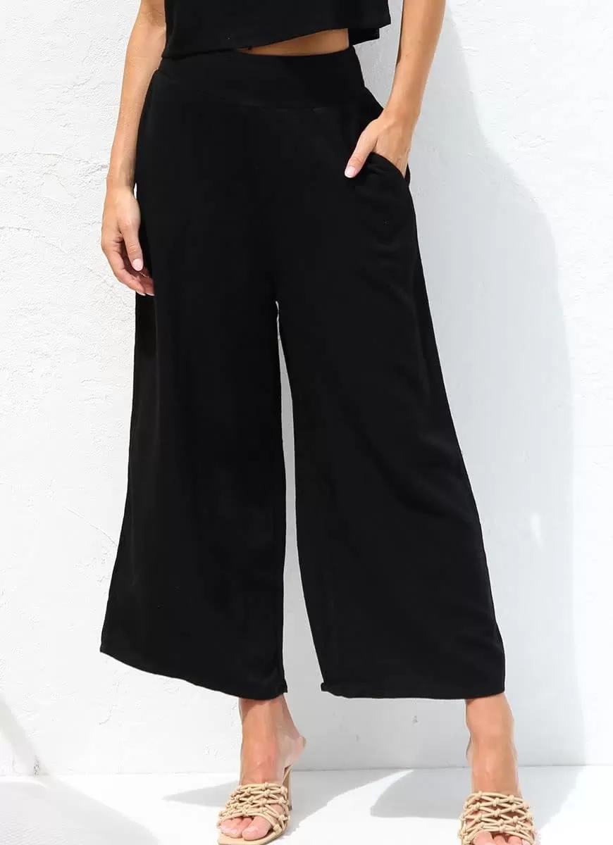 imagechouyatou Womens 2 Piece Outfits Cotton Linen Sleeveless Cropped Tank Top and Wide Leg Pant SetsBlack