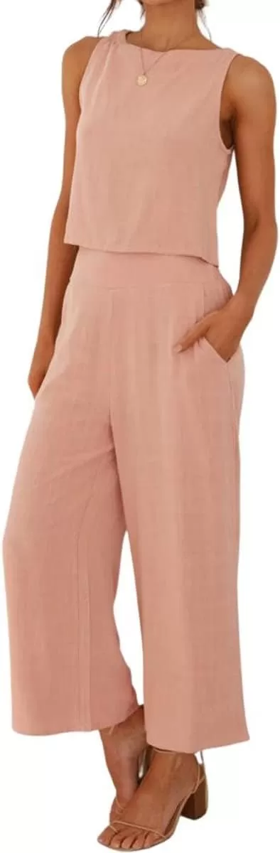 imagechouyatou Womens 2 Piece Outfits Cotton Linen Sleeveless Cropped Tank Top and Wide Leg Pant SetsPink