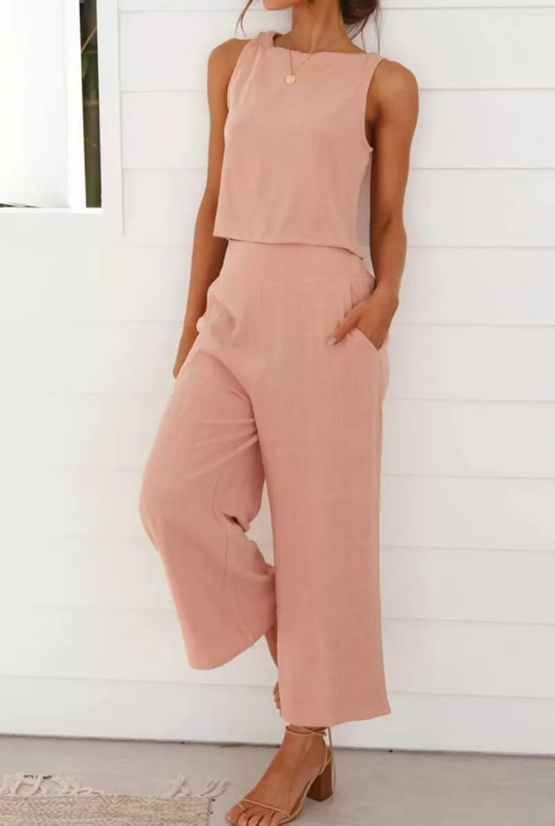imagechouyatou Womens 2 Piece Outfits Cotton Linen Sleeveless Cropped Tank Top and Wide Leg Pant SetsPink