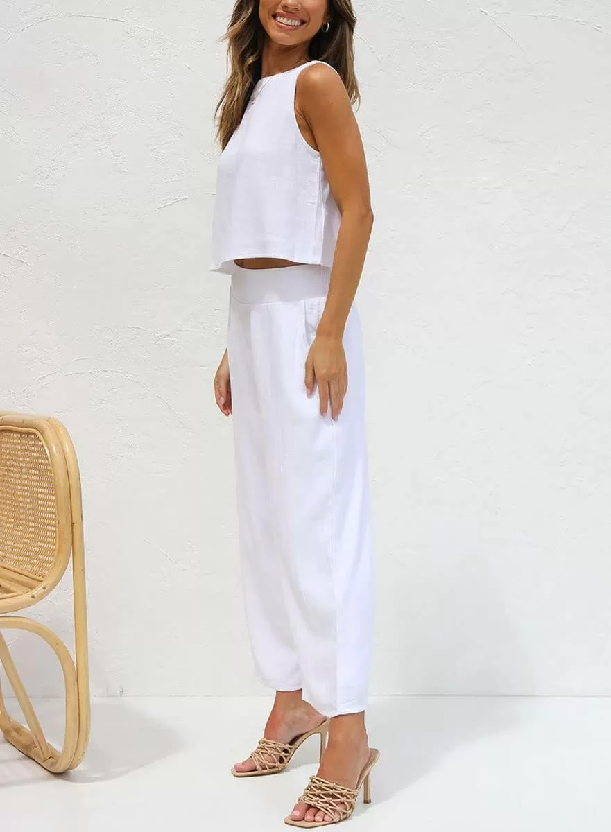 imagechouyatou Womens 2 Piece Outfits Cotton Linen Sleeveless Cropped Tank Top and Wide Leg Pant SetsWhite