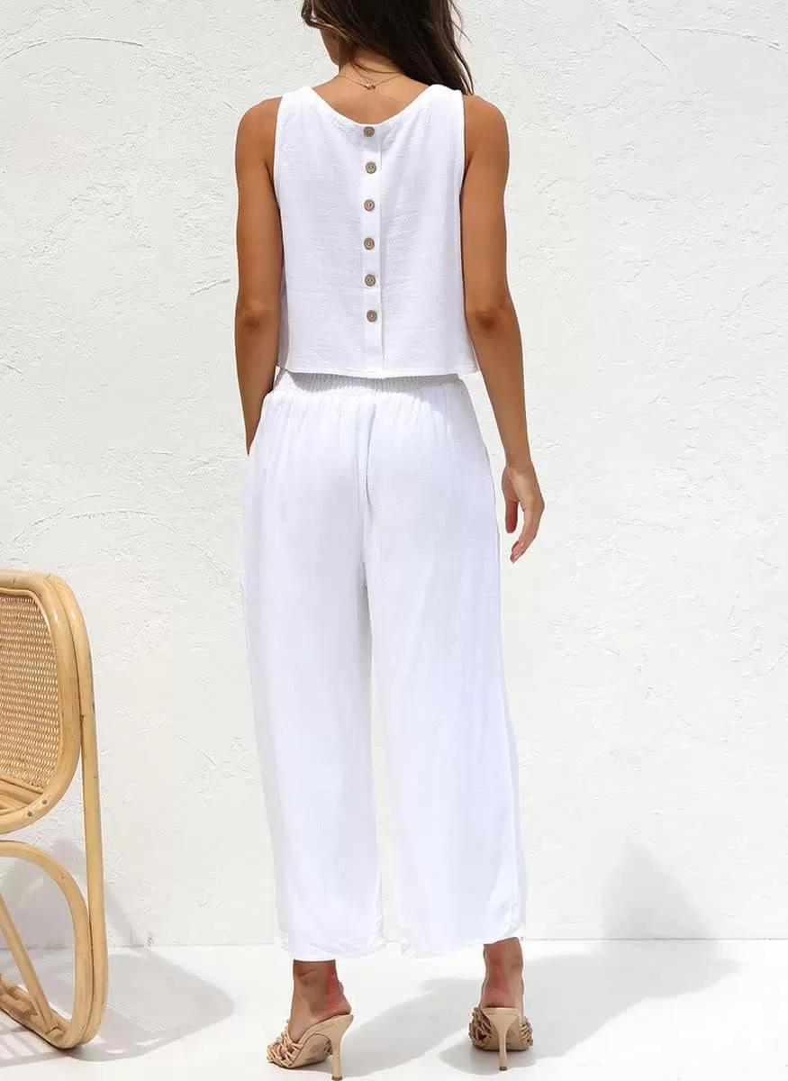 imagechouyatou Womens 2 Piece Outfits Cotton Linen Sleeveless Cropped Tank Top and Wide Leg Pant SetsWhite
